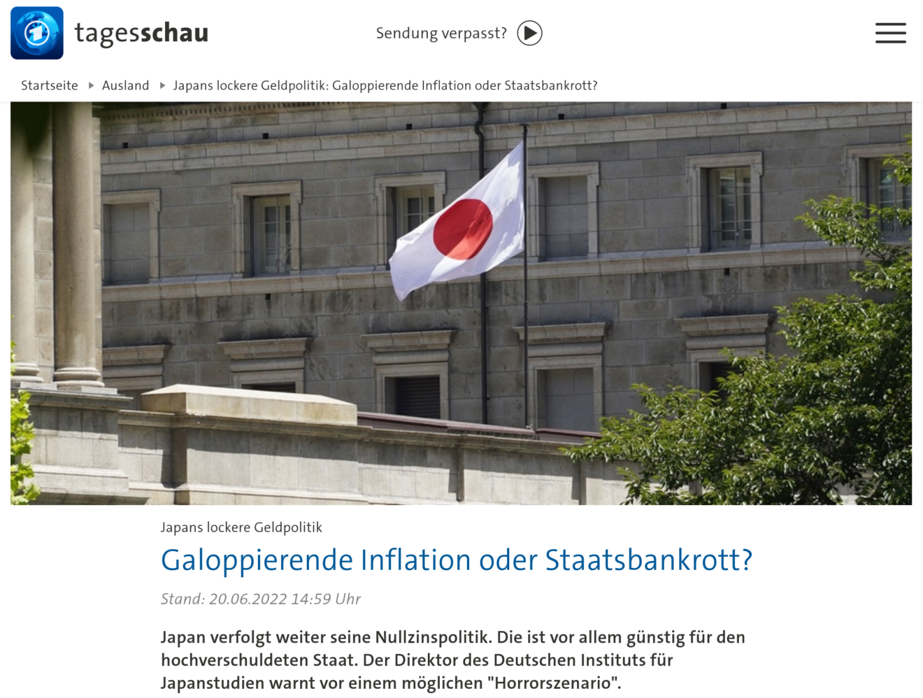 2022-06-22 fw tagesschau Japans Nullzinspolitik Galoppierende Inflation oder Staatsbankrott